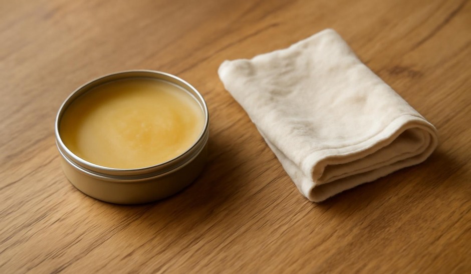 Open tin of beeswax paste and a cloth beside a wooden tabletop