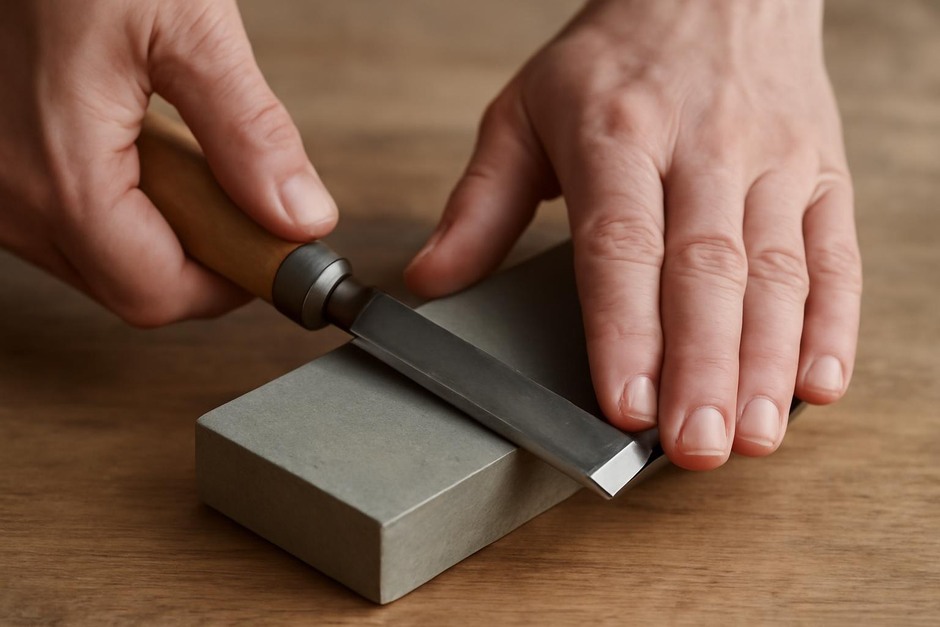 Chisel edge being honed on a stone