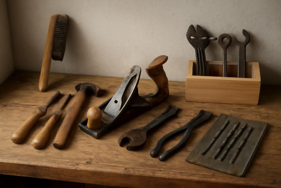 Neatly arranged hand tools on a wooden bench